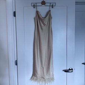 L'Academie Cream Strapless Dress with Feather Hem
